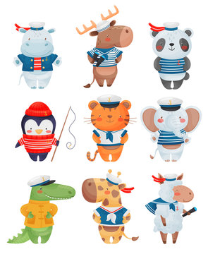 Animals sailors characters in cartoon style. Set of cute funny little sailors vector illustration.