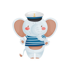 Elephant sailor character in cartoon style, in a blue white vest and cap.