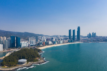 Aerial view of Busan skyline over the sea