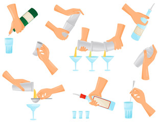Set of silhouettes of hands bartender prepares cocktails. Vector illustration.