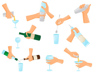 Set of silhouette hands bartender mixing cocktails. Vector illustration.