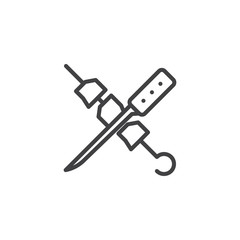 Shish kebab and knife line icon. linear style sign for mobile concept and web design. Meat on a skewer for BBQ outline vector icon. Symbol, logo illustration. Pixel perfect vector graphics