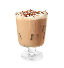 Glass of tasty frappe coffee on white background