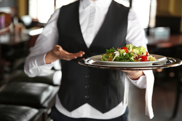 Young female waiter with salad in restaurant, closeup - obrazy, fototapety, plakaty