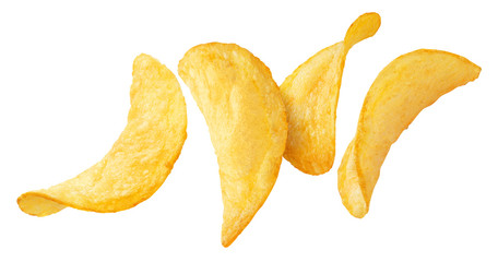 Flying potato chips, isolated on white background