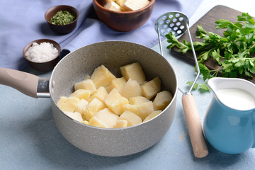 Preparing of tasty mashed potato on color background