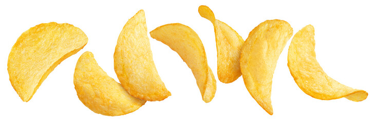 Flying potato chips, isolated on white background