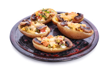 Plate with tasty baked potato on white background