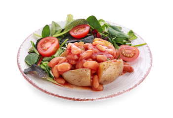 Plate with tasty baked potato on white background