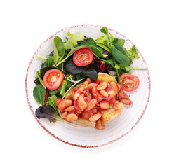 Plate with tasty baked potato on white background