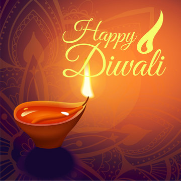 Post card for Diwali festival with realistic indian lamp with fire flame and mandala. Happy Diwali concept, insignia. Typography poster or logo for Diwali festival. Banner for web.