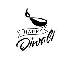 Handwritten lettering type composition of Happy Diwali with fire lamp. Typography poster for Diwali festival.