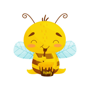 Humanized bee sits eating honey. Cartoon style. Vector illustration.