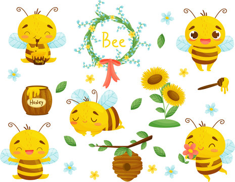 Set of bee, honey and other beekeeping illustration. Vector. Cartoon.