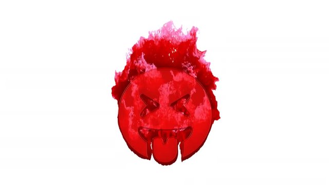 Symbol grin tongue squint inflames with dark fire, then burns. In - Out loop. Alpha channel Premultiplied - Matted with color white