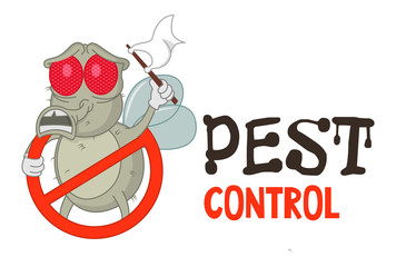 Funny vector illustration of pest control logo for fumigation business. Comic locked fly surrenders. Design for print, emblem, t-shirt, sticker, logotype, corporate identity, icon.