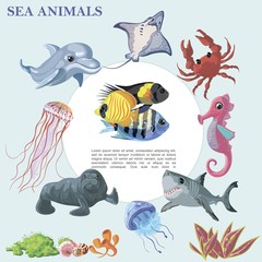 Cartoon Beautiful Sea Animals Round Concept