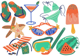 Summer Holiday Symbols Set, Flip Flops, Bikini, Cocktail, Sunglasses, Popsicle, Chaise Longue, Starfish Vector Illustration