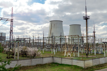 Thermal power station, industrial landscape with big chimneys.