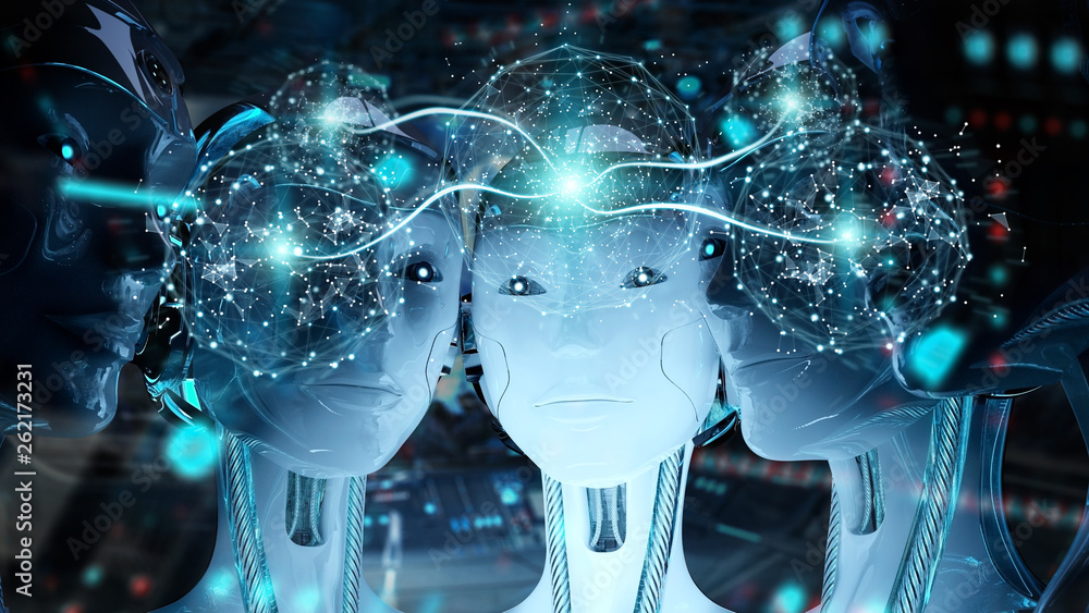 Poster group of female robots heads creating digital sphere network 3d rendering