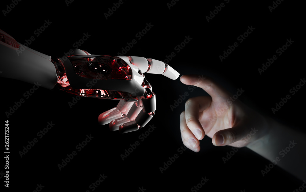 Poster red robot hand making contact with human hand 3d rendering