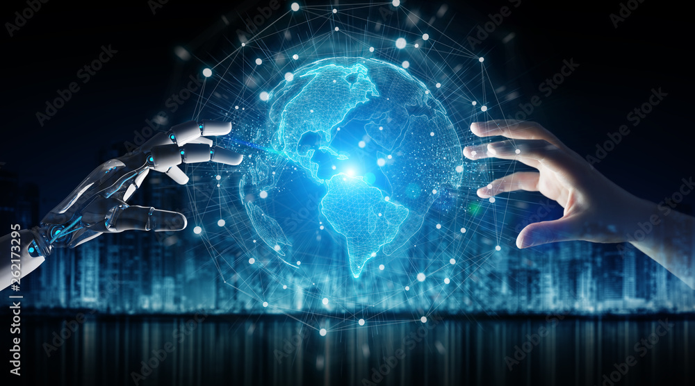 Aufkleber Robot hand and human hand touching digital world 3D rendering
