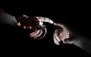 Red robot hand making contact with human hand 3D rendering