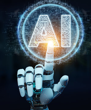 White humanoid hand using digital artificial intelligence icon hologram 3D rendering
