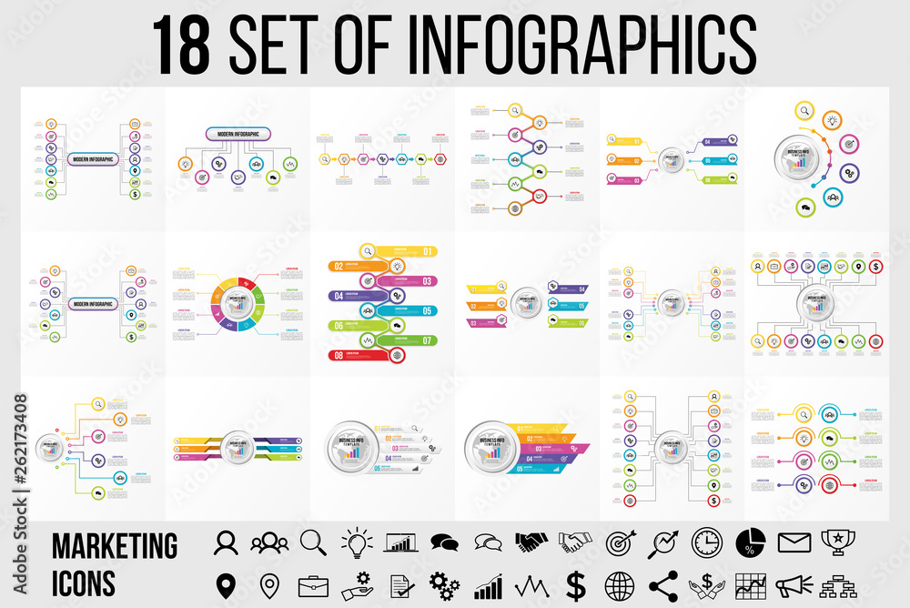 Poster vector 18 set of infographics template design . business data visualization timeline with marketing 
