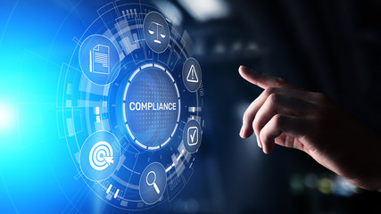 Compliance concept with icons and text. Regulations, law, standards, requirements, audit diagram on...
