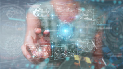 Woman using digital technological interface with datas 3D rendering