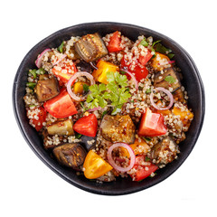 Quinoa salad with roasted eggplant, fresh tomatoes and red onion.  Vegan or vegetarian food. Healthy salad in black bowl isolated on white. Top view, close-up.