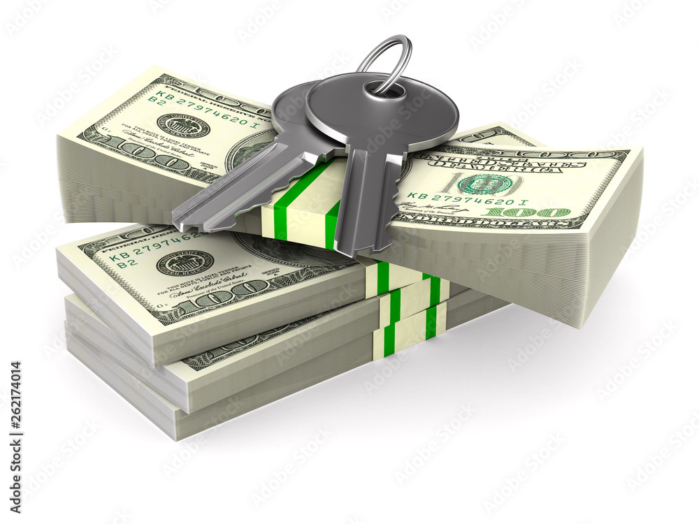 Wall mural keys and dollars on white background. Isolated 3D illustration