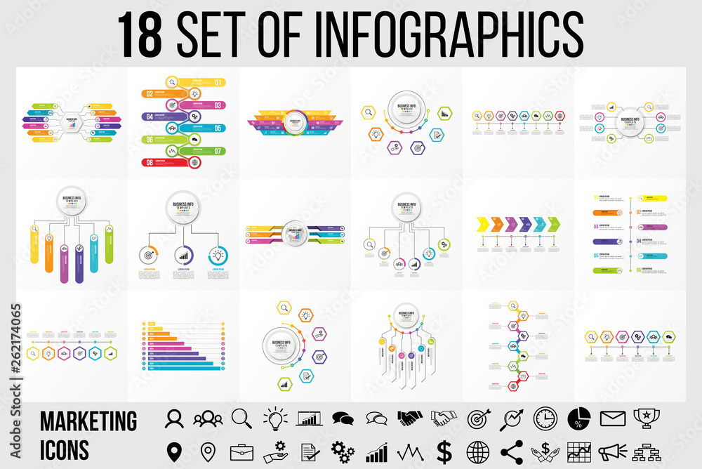 Poster vector 18 set of infographics template design . business data visualization timeline with marketing 