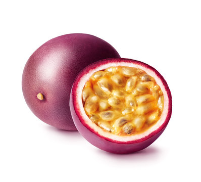 Passion fruit isolated. Whole passionfruit and a half of maracuya isolated on white background.