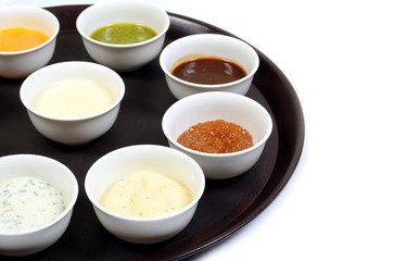 set of sauces. Ketchup, mayonnaise, mustard, soy sauce, barbecue sauce, pesto, mustard
