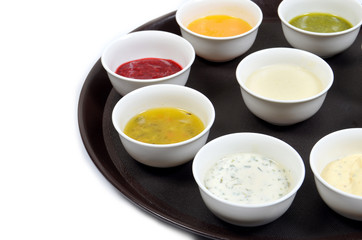 set of sauces. Ketchup, mayonnaise, mustard, soy sauce, barbecue sauce, pesto, mustard