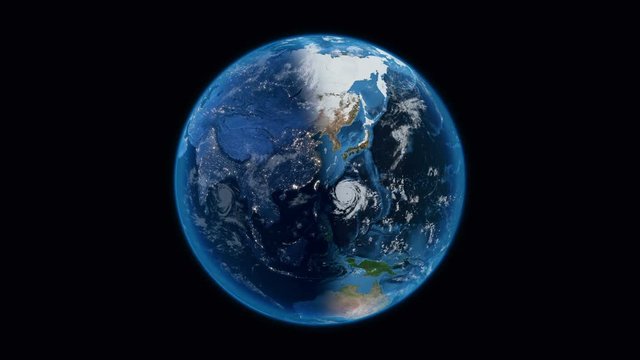 Earth day and night time from space rotation 360 degrees on solid black background, 3D animation, more options in my portfolio