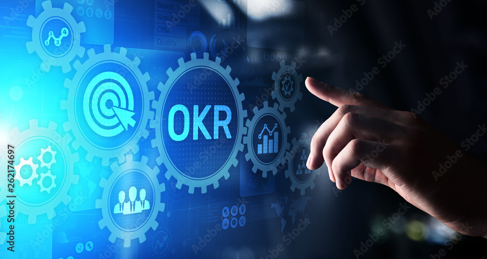 Poster objective key results business technology process improvement concept on virtual screen.