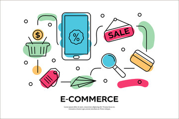 Vector illustration with e-commerce thin line icons.