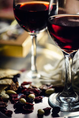 red wine and snacks