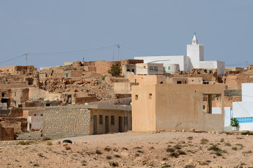 Berber village Tamezret Gabes province mosque hot desert of North Africa in Tunisia