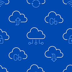 Cloud data storage seamless pattern with line icons. Database background, information server center, global network vector illustrations. Technology blue white wallpaper