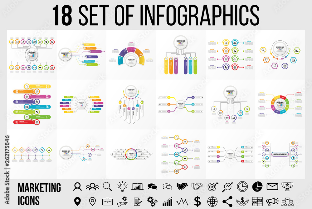 Poster vector 18 set of infographics template design . business data visualization timeline with marketing 
