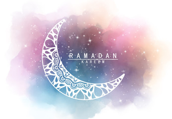 Abstract crescent moon graphic design and night sky watercolor digital art   painting for Ramadan Kareem Muslim holy month concepts backgrounds - obrazy, fototapety, plakaty