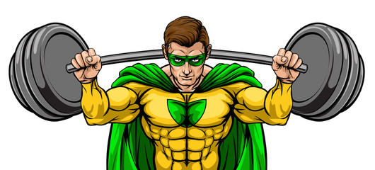 Superhero cartoon sports mascot weightlifter super hero character lifting very large barbell weight