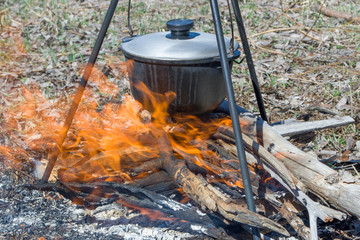 Cooking on a fire at spring.