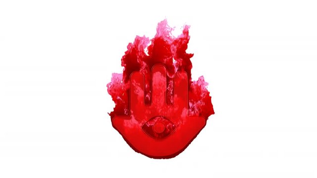 Symbol hamsa inflames with dark fire, then burns. In - Out loop. Alpha channel Premultiplied - Matted with color white