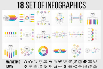 Obraz na płótnie Canvas Vector 18 Set Of Infographics Template Design . Business Data Visualization Timeline with Marketing Icons most useful can be used for presentation, diagrams, annual reports, workflow layout
