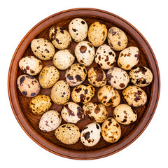Quail eggs in a brown plate isolated on white background. 